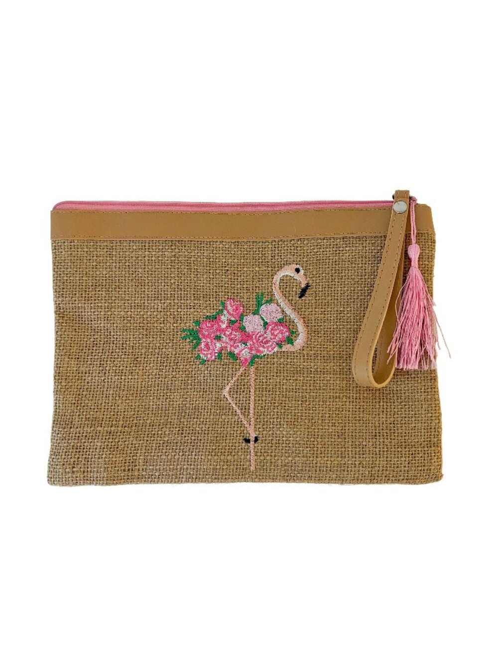 embroidered pink flamingo jute clutch purse